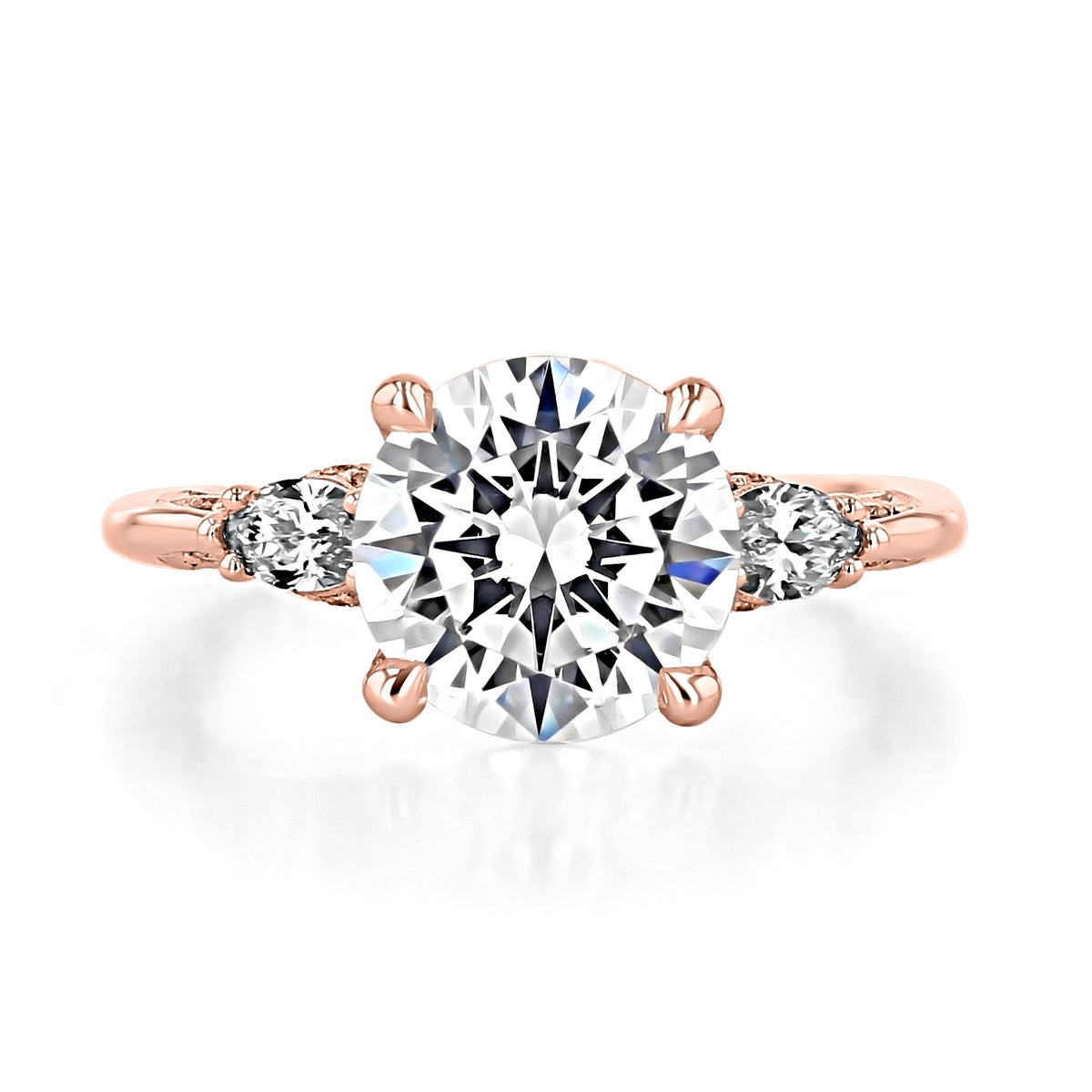 Simply Tacori | Round 3-Stone Engagement Ring - 2685RD9PK featuring a round center diamond flanked by two smaller pear-shaped diamonds on a 14k rose gold band.