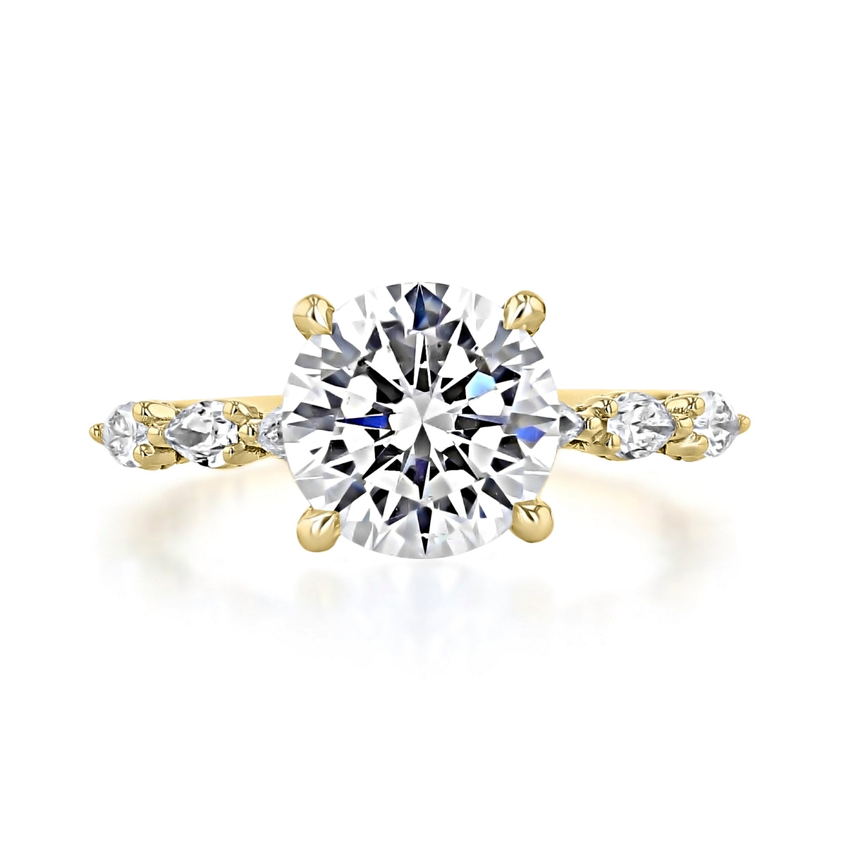 Tacori Sculpted Crescent | Round Solitaire Engagement Ring - 2687RD85Y in 18k yellow gold, featuring a round center diamond flanked by three smaller marquise-cut diamonds on each side of the band.