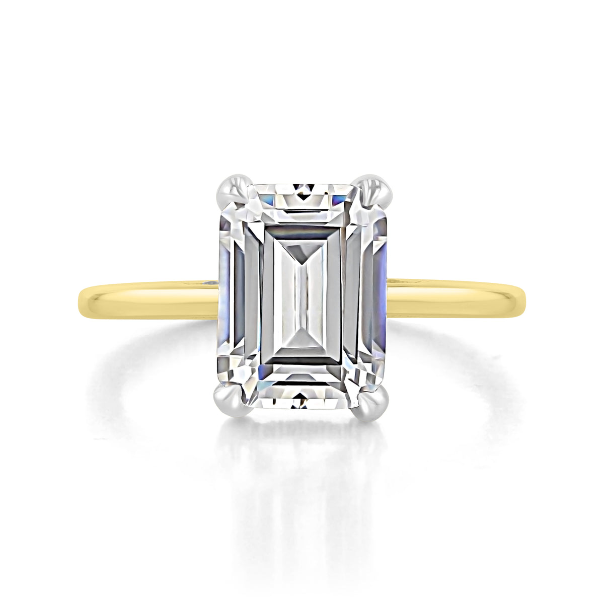 Simply Tacori emerald-cut solitaire engagement ring (268815EC10X75YW) featuring a two-tone design with a yellow gold band and white gold four-prong setting.