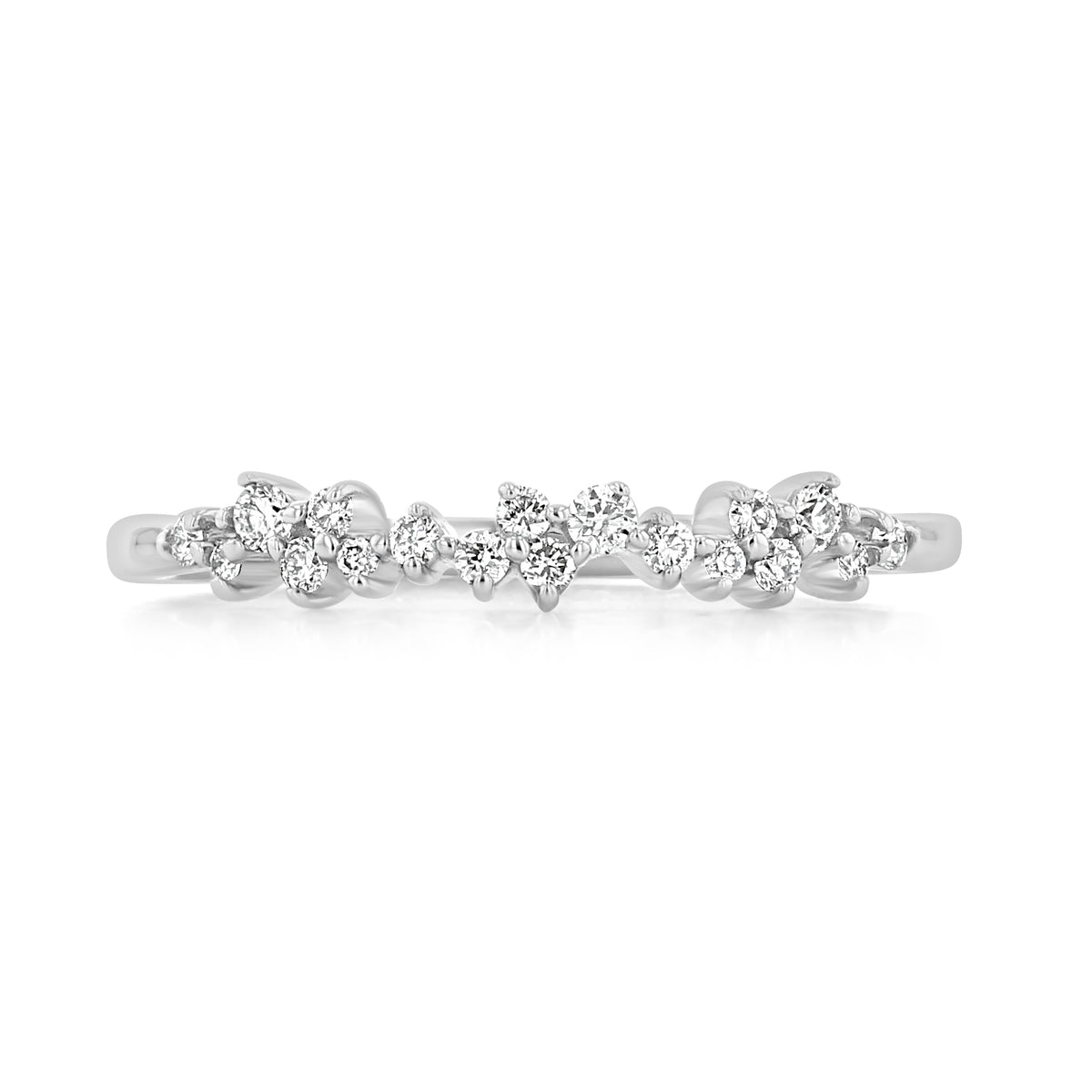 Meadow unique cluster diamond wedding band in white gold, featuring a cluster of round-cut diamonds set in a wavy, organic pattern.
