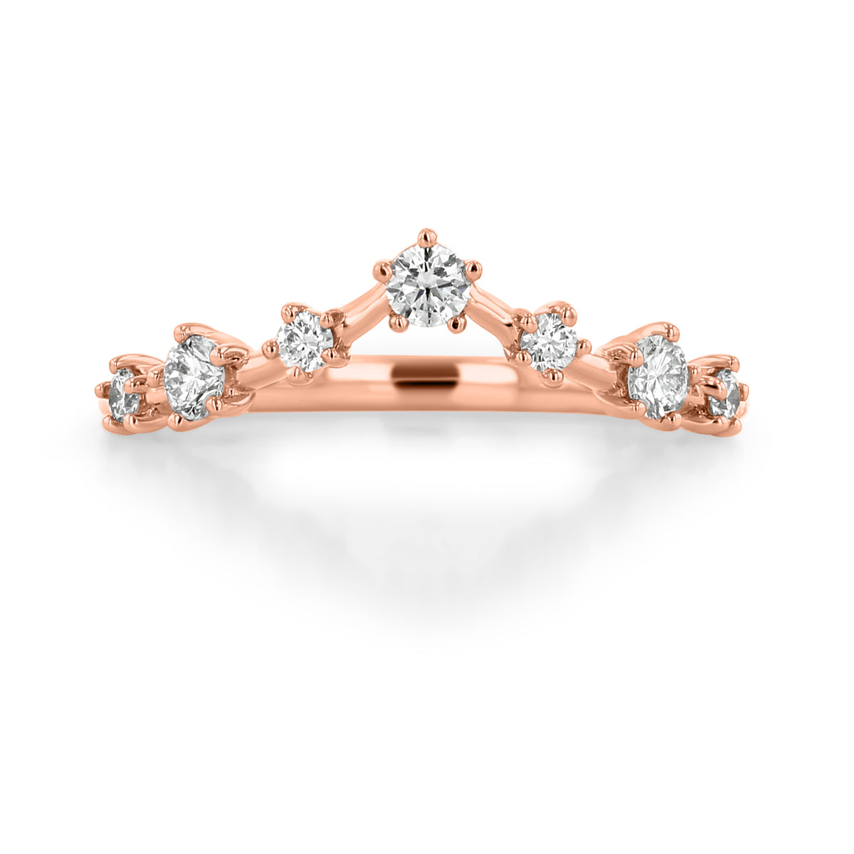 Shasta V-Shaped Curved Diamond Wedding Band in 14k rose gold, featuring seven prong-set round diamonds.