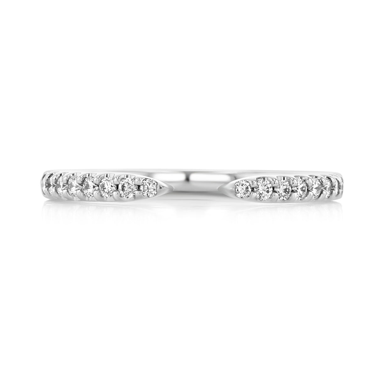 Lucia | Diamond Cuff Wedding Band in platinum, featuring a micro-prong design with a row of small diamonds on each side of the opening.