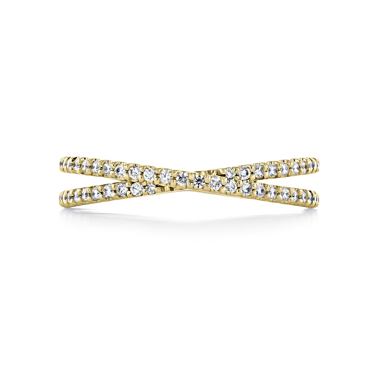 Delta | Criss-Cross Diamond Wedding Band featuring two gold, crisscrossing bands micro-prong set with small diamonds.