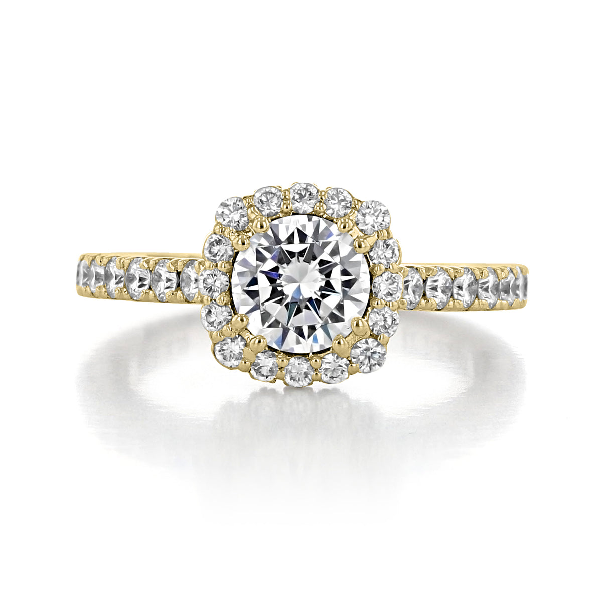Tacori Full Bloom | Cushion Bloom Engagement Ring - 37-2CU65Y, a gold engagement ring featuring a round center diamond surrounded by a cushion-shaped bloom of smaller diamonds, with French-cut pavé diamonds set along the band.