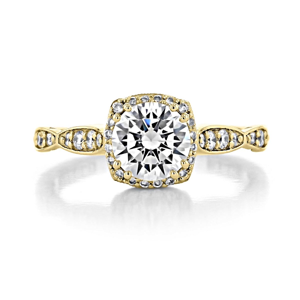 Dantela | Cushion Pavé Engagement Ring - 39-2CU65Y in yellow gold, featuring a cushion-cut center stone surrounded by a pavé halo on a split-style band adorned with round-cut diamonds.