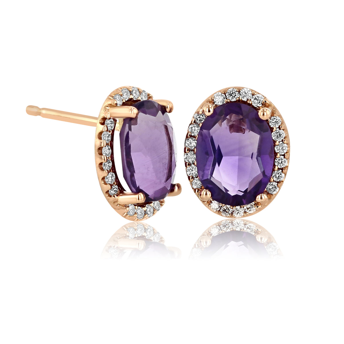 14K Rose Gold Amethyst Oval Halo Earrings 4002112 featuring oval amethyst studs set in rose gold with a halo of small white diamond accents.
