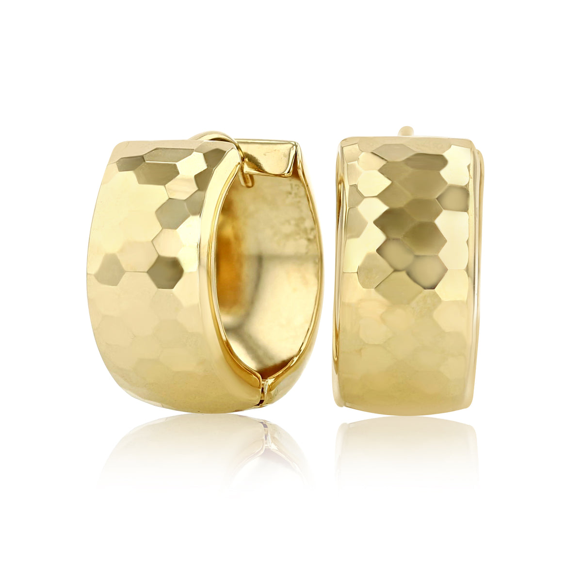 14K Yellow Gold Disco Huggie Hoop Earrings featuring a textured, hammered finish and a faceted surface.