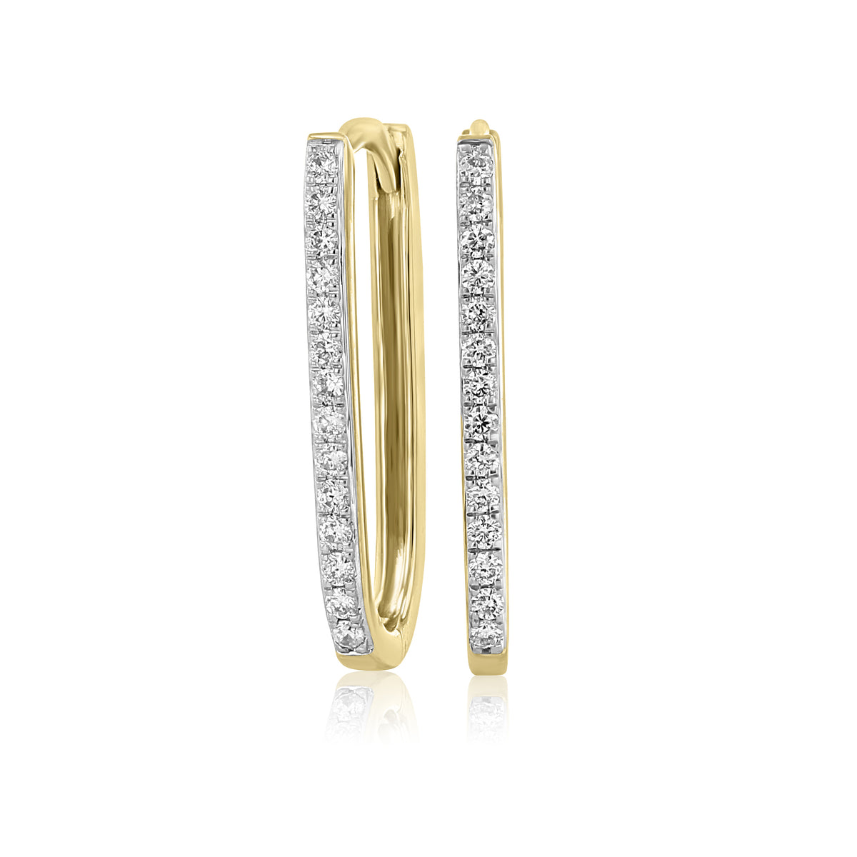 14K Yellow Gold Paper Clip Diamond Earrings featuring a pair of rectangular yellow gold paper clip hoop earrings with a row of pavé-set lab-created diamonds.
