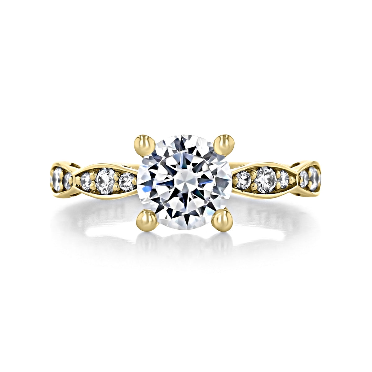 A yellow gold Tacori Sculpted Crescent | Round Solitaire Engagement Ring - 46-25RD7Y with a round center diamond set in four prongs, featuring a band accented with smaller round diamonds in a decorative setting.
