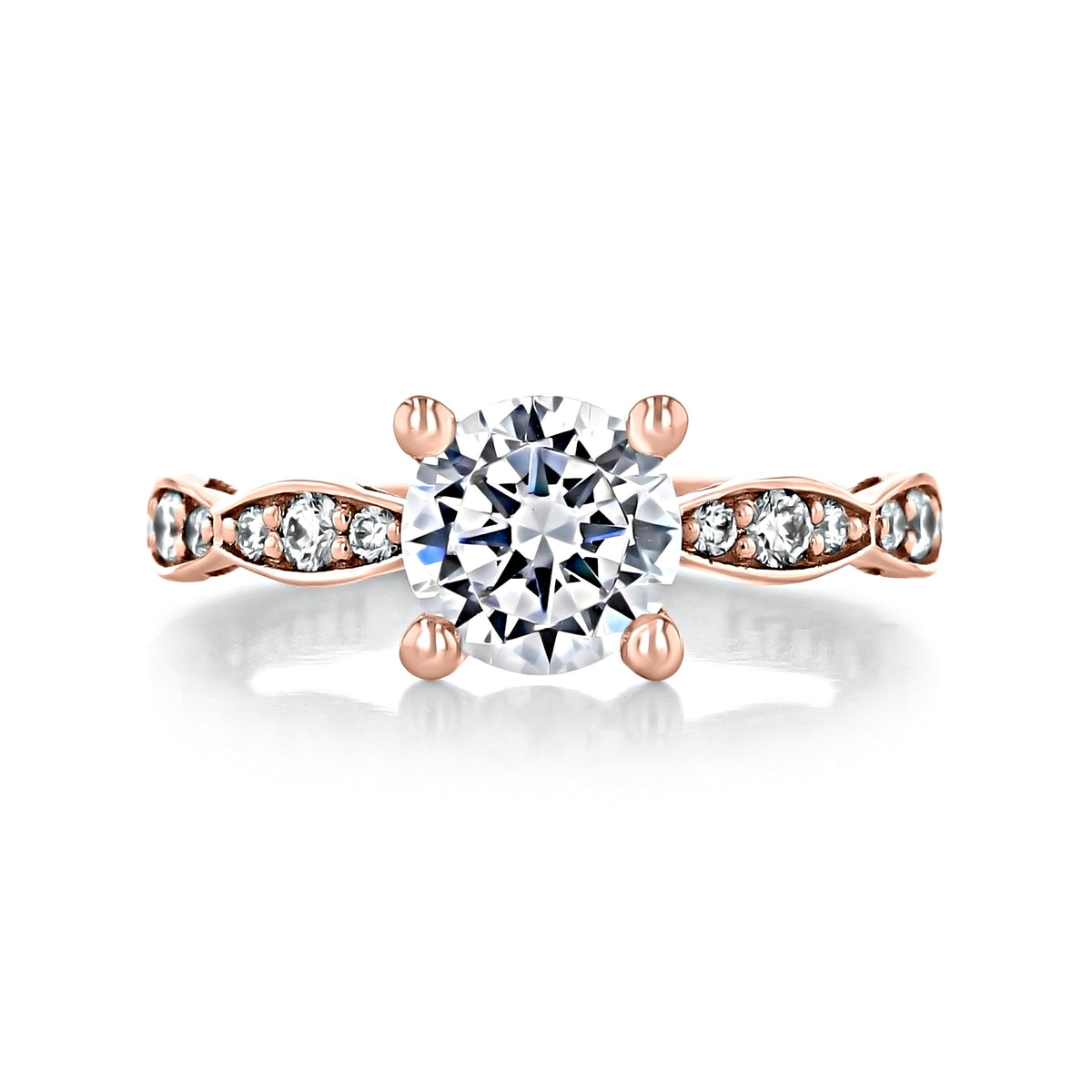 Sculpted Crescent | Round Solitaire Engagement Ring - 46-25RD7PK with a round diamond center stone on a rose gold band featuring sculpted crescent details and smaller diamonds set along the sides.