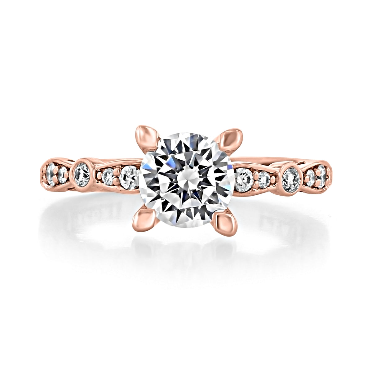 Sculpted Crescent | Round Solitaire Engagement Ring - 47-2RD65PK in rose gold, featuring a round center stone and a marquise style band accented with small round diamonds.