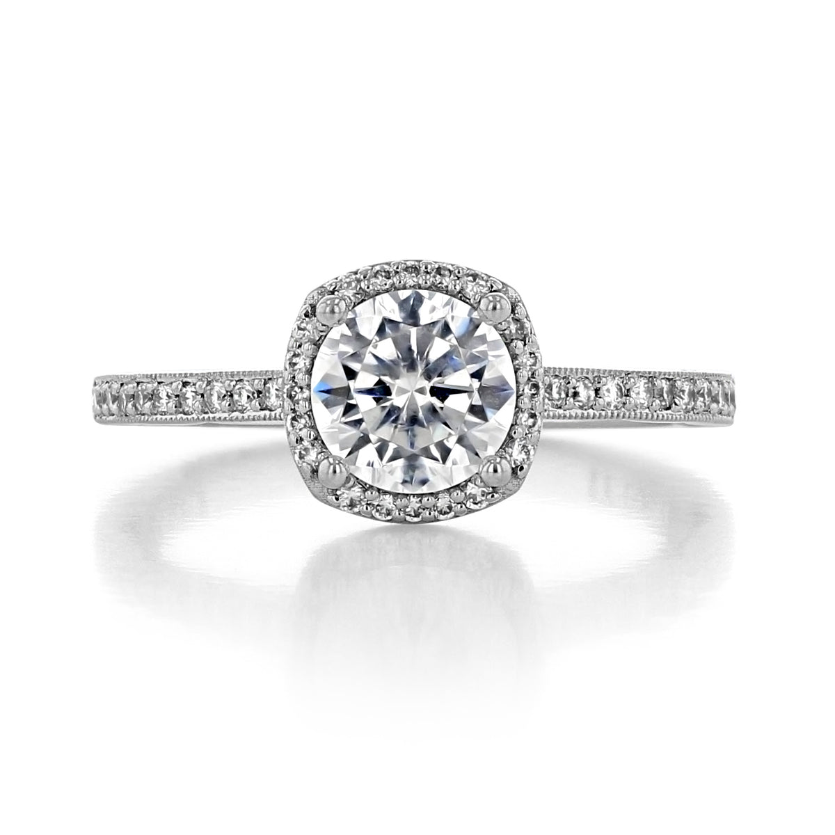Tacori Sculpted Crescent | Cushion Bloom Engagement Ring - 49CUP65W featuring a round diamond, a cushion-shaped halo, and pavé-set diamonds along the band.