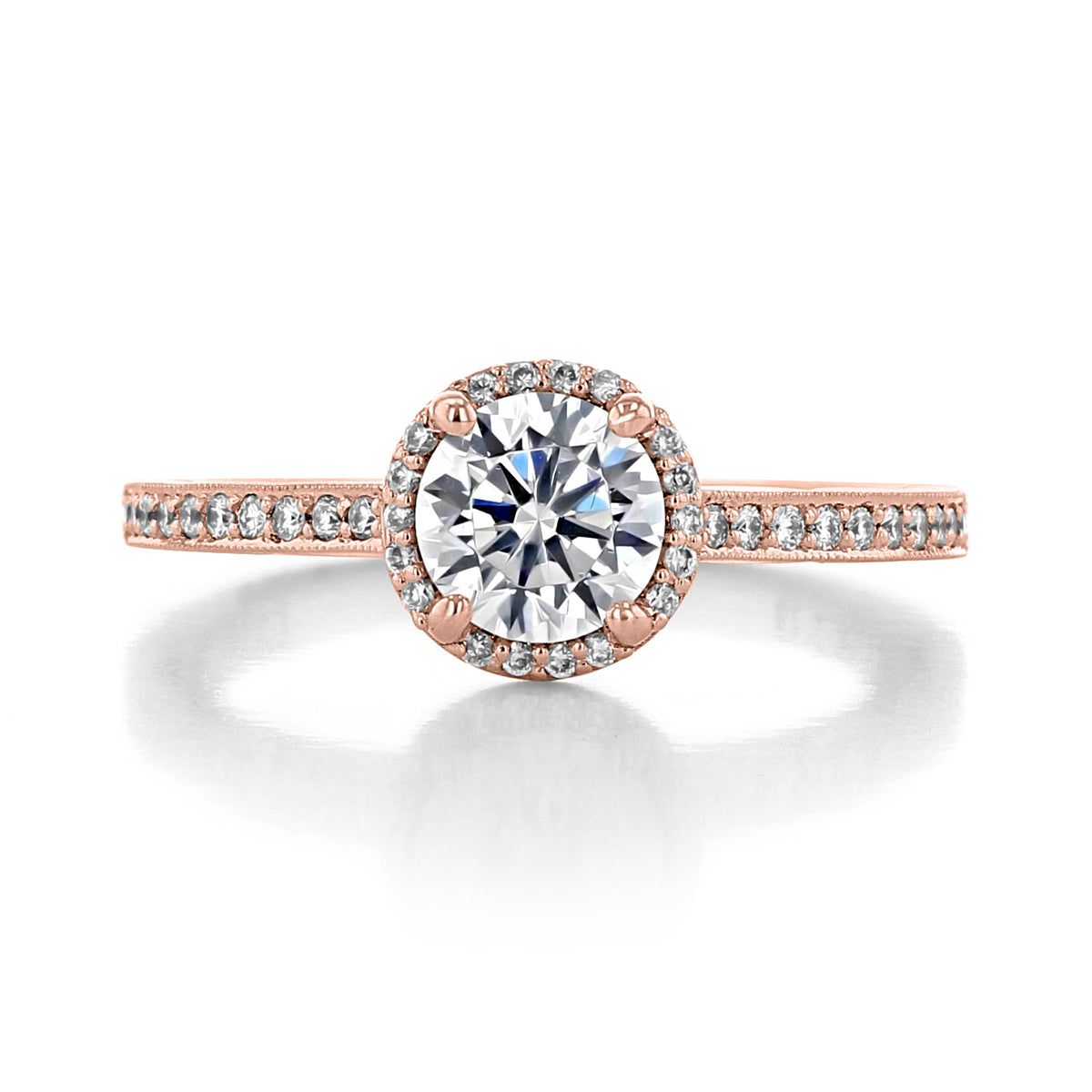 A Tacori Sculpted Crescent | Round Solitaire Engagement Ring - 49RDP6PK in rose gold, featuring a round center stone, a diamond halo, and pavé-set diamonds along the band.