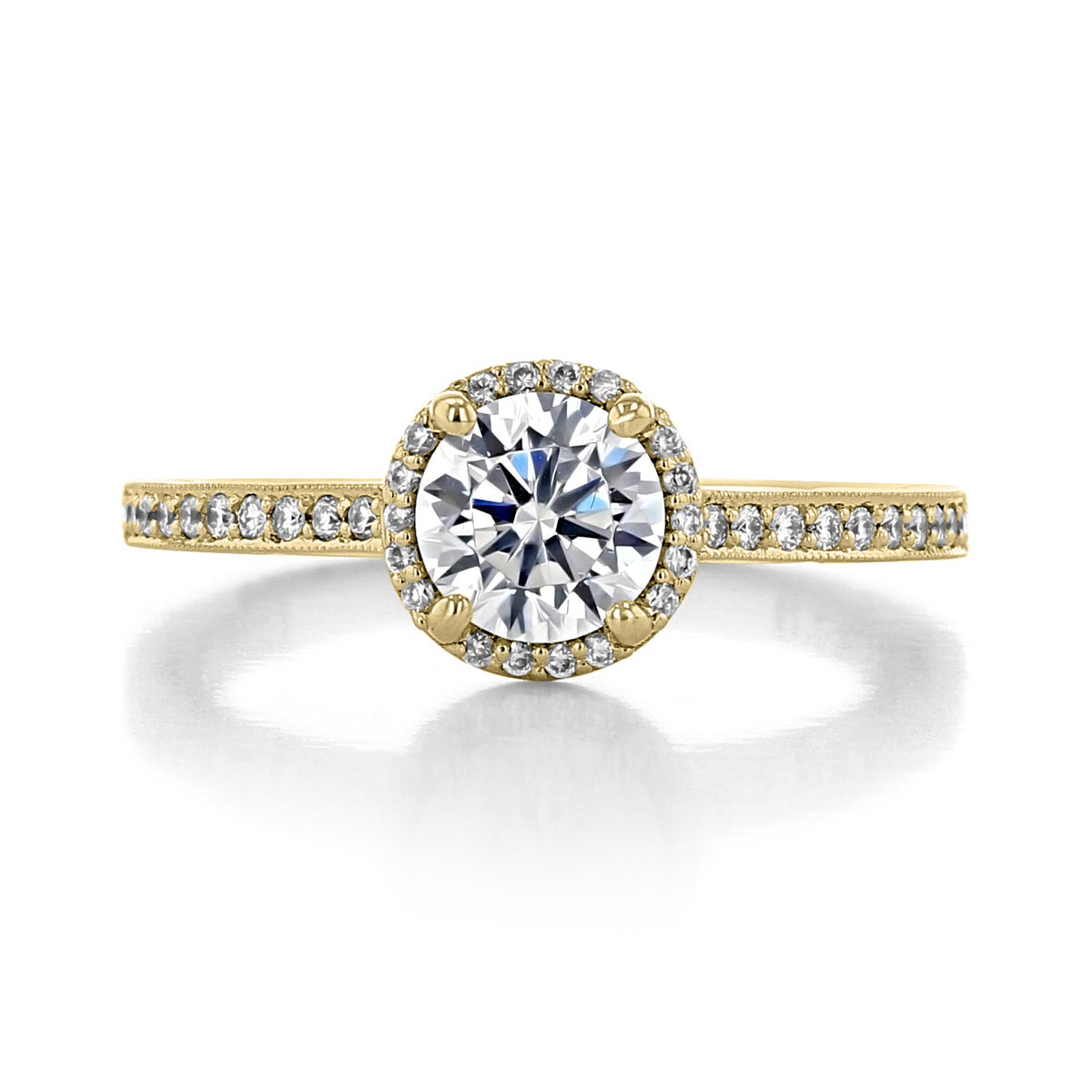 Tacori Sculpted Crescent | Round Solitaire Engagement Ring - 49RDP6Y, a gold engagement ring with a round center diamond surrounded by a halo of smaller stones and a pavé diamond band.