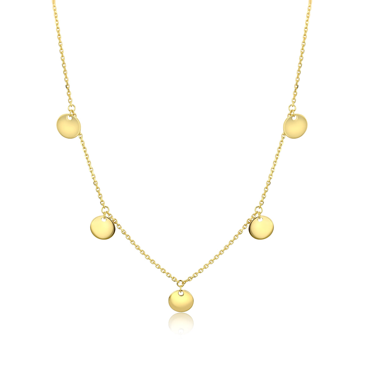 14K Yellow Gold Circle Disc Necklace | 5001938 featuring five evenly spaced circular disc charms.