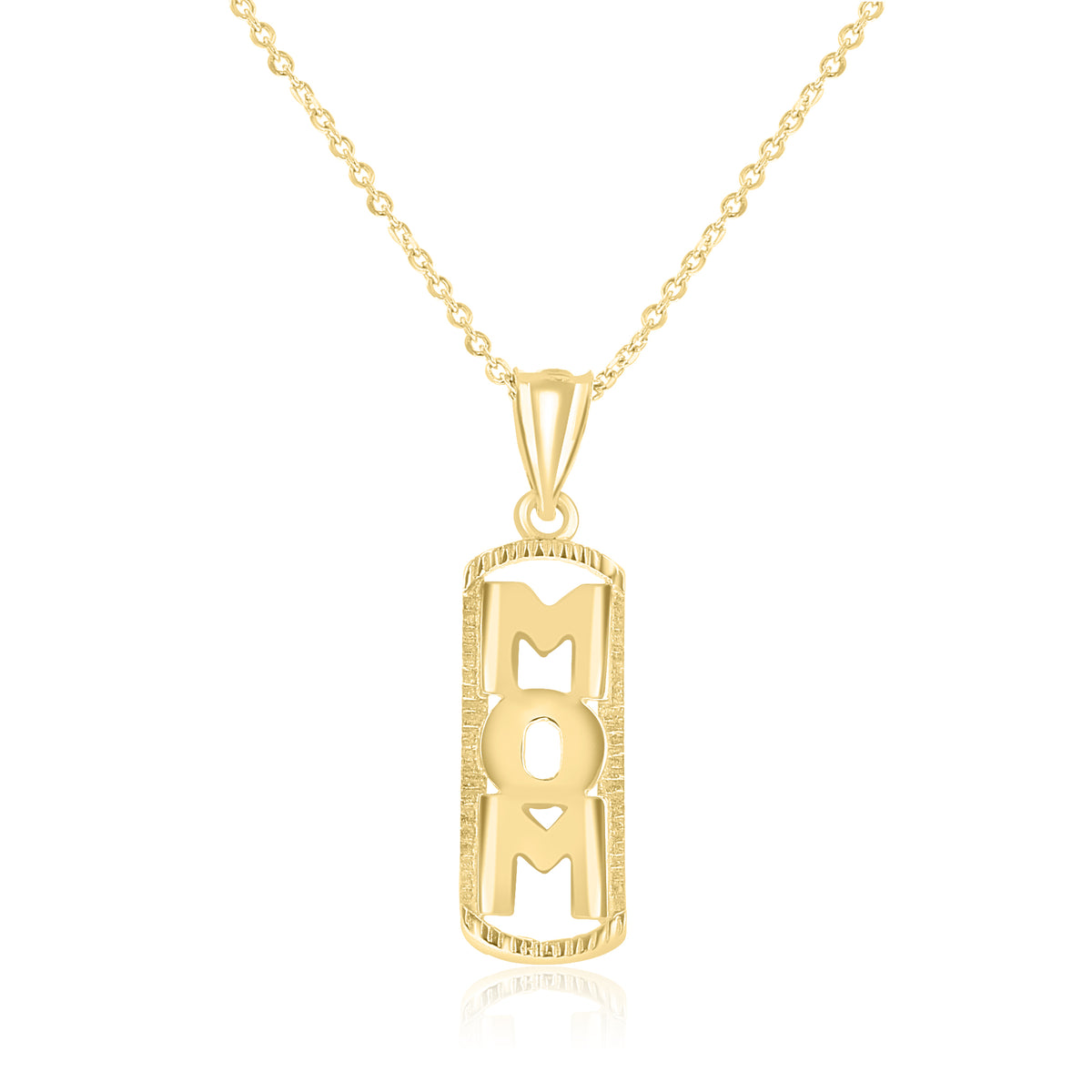 14K Yellow Gold Mom Pendant | 5001979 in 14k yellow gold, featuring a vertical rectangular pendant with the word MOM in cutout lettering.