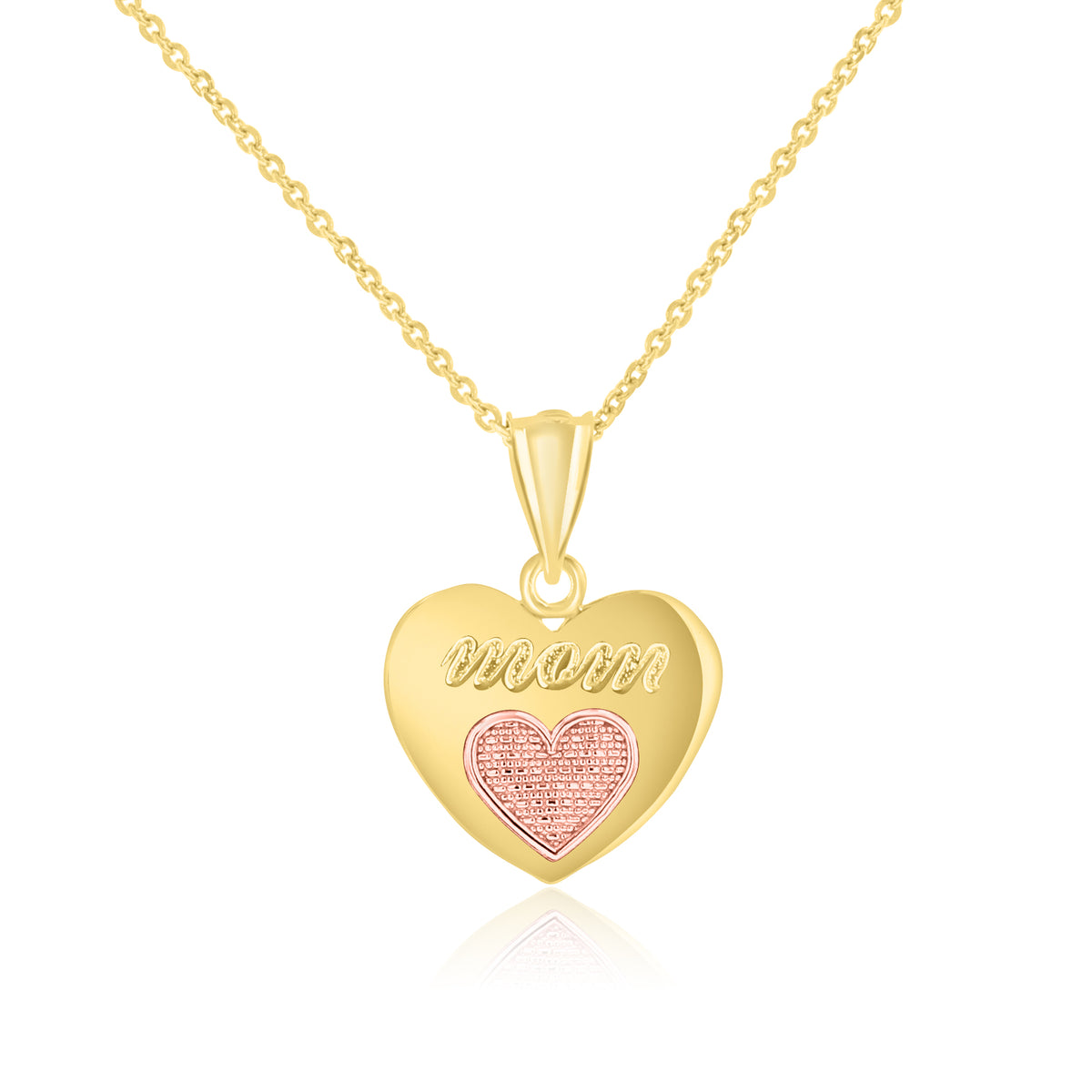 14K Yellow Gold Heart Tag Pendant featuring a heart-shaped design with the word mom in script and a small, textured pink-gold heart in the center, worn on a chain.