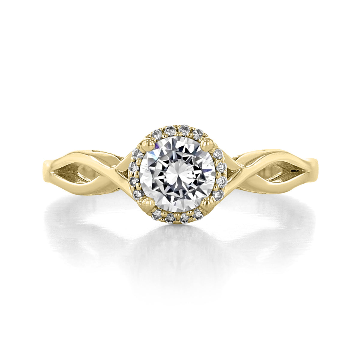 A Tacori Sculpted Crescent | Round Solitaire Engagement Ring - 52RD55Y featuring a round diamond, a pavé halo, and a yellow gold band with a vine-inspired, twisted, open-work design.
