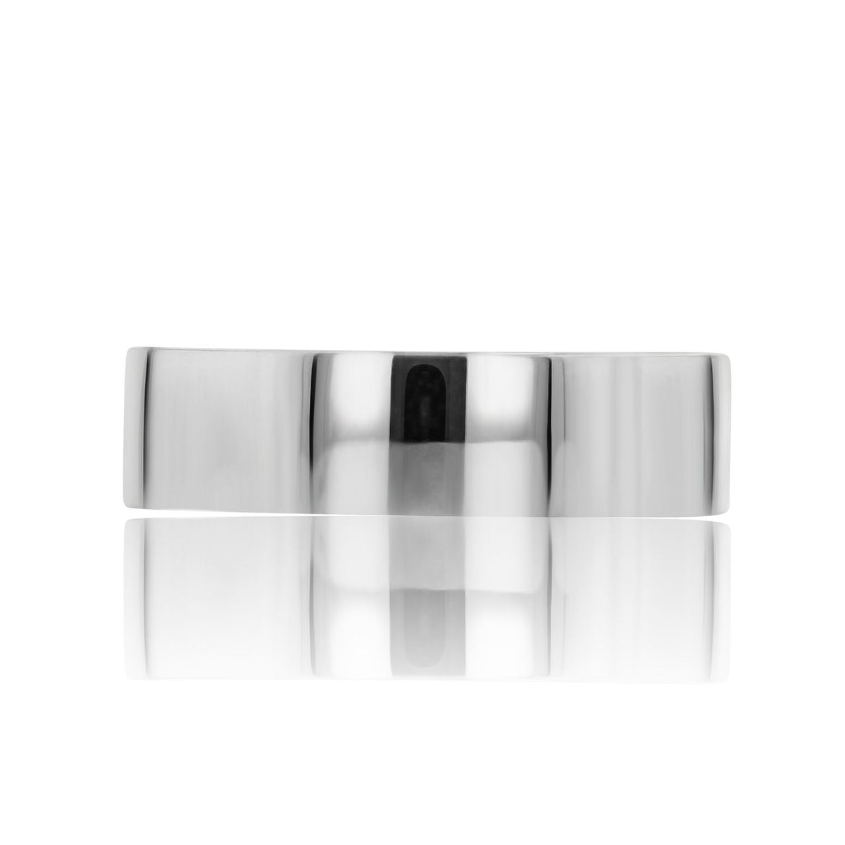 A polished silver-tone Tacori Men’s Flat-Top Polished Wedding Band - 140-6W with a flat-top profile and a mirrored reflection below.