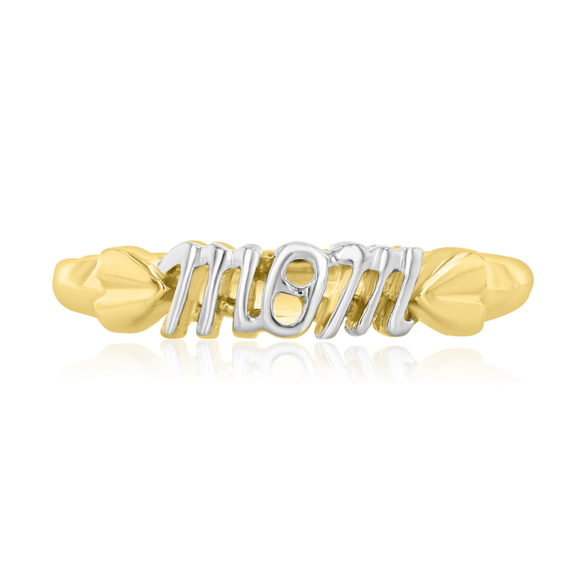 14K Yellow Gold Mom Ring | 6001696 featuring the word MOM in white gold lettering between two small heart shapes on a yellow gold band.