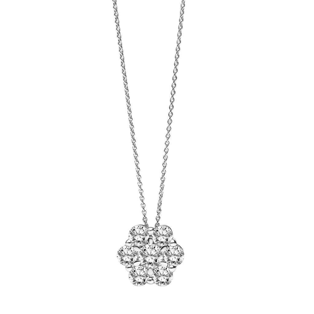 A 14K White Gold Lab Diamond Floral Pendant 67-3173CW featuring seven round lab diamonds on a thin white gold chain.