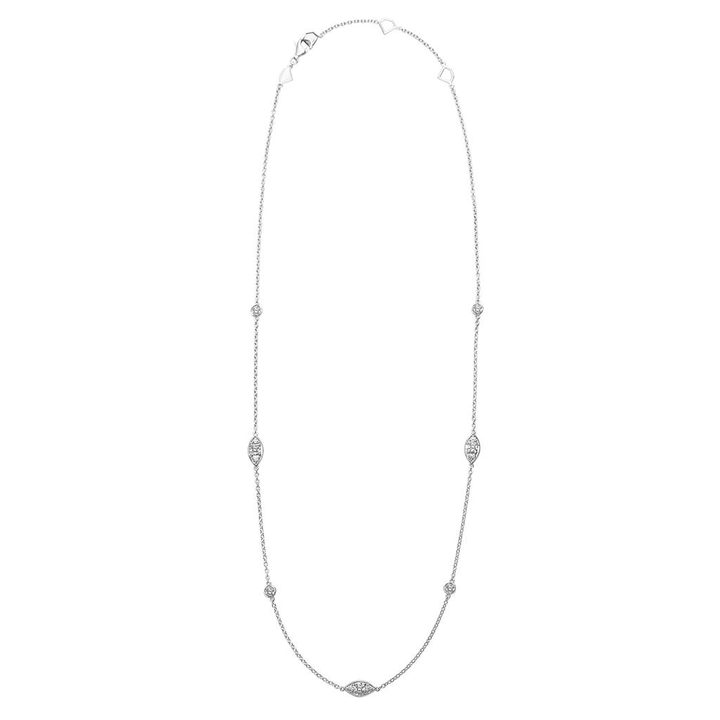 The 14K White Gold Bezel Lab Diamond Necklace | 67-3832NW is a long white gold diamond necklace featuring alternating round and marquise-shaped lab diamond stations.