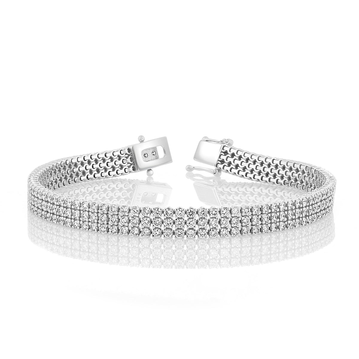 4.64 ctw Three Row Lab Diamond Tennis Bracelet in silver-tone metal with a box clasp.