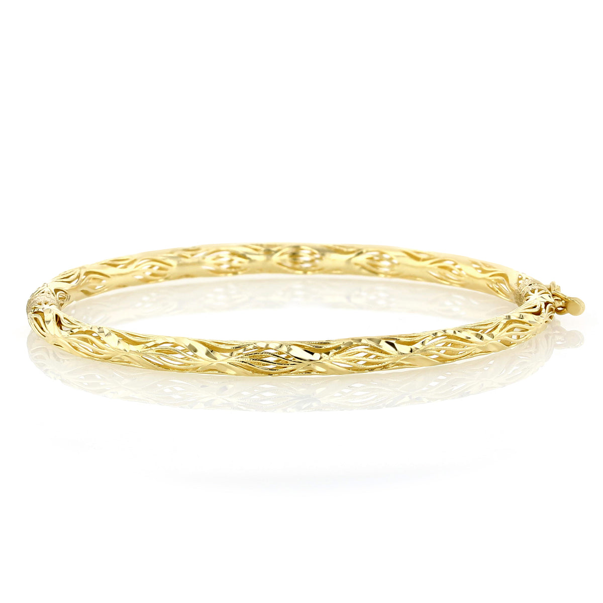 14K Yellow Gold 4.5mm Hawaiian Bangle Bracelet featuring an ornate, repeating woven leaf pattern on a hinged design.