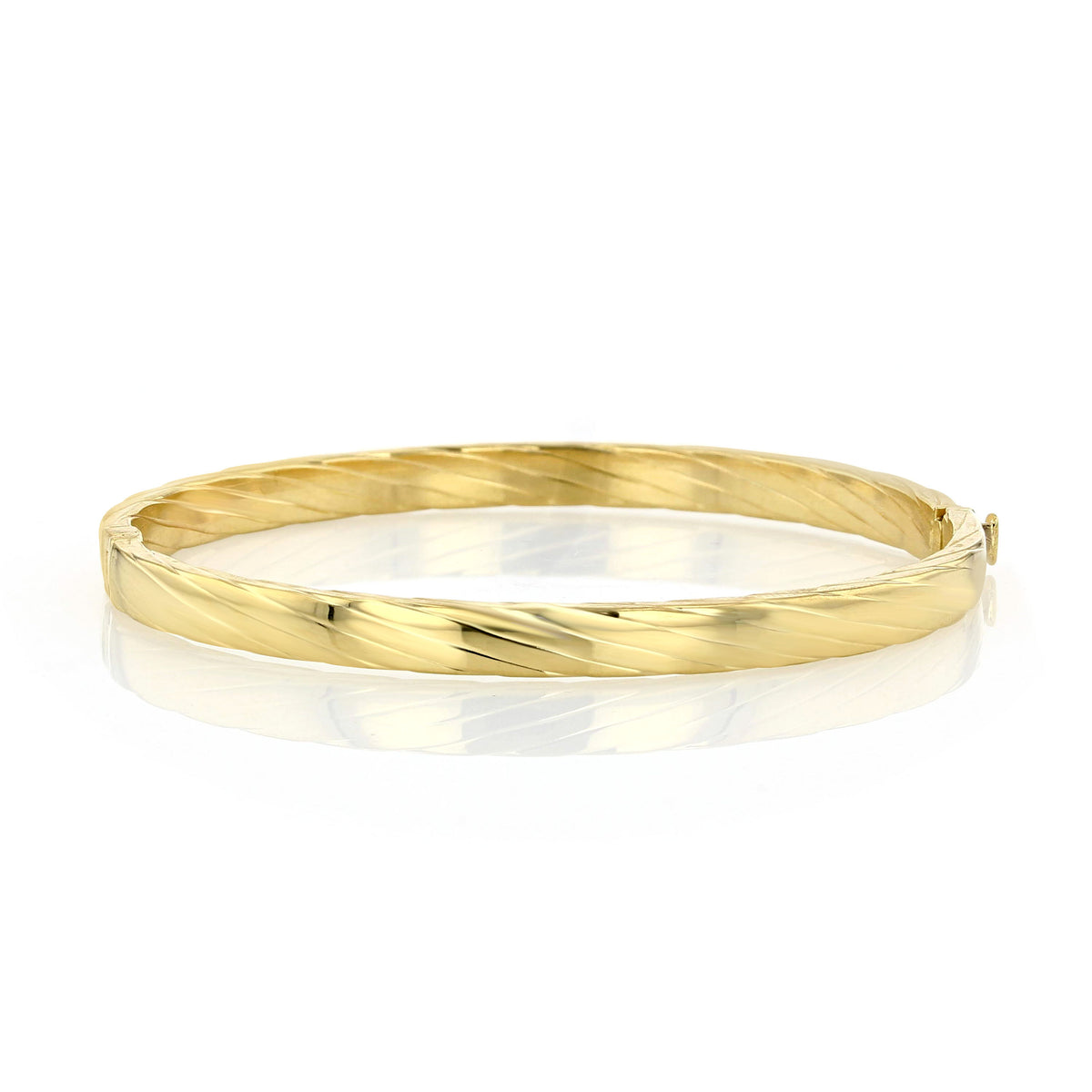14K Yellow Gold 5mm Carved Flat Bangle Bracelet | 7001258, a 14k yellow gold hinged bangle featuring a diagonal carved pattern.
