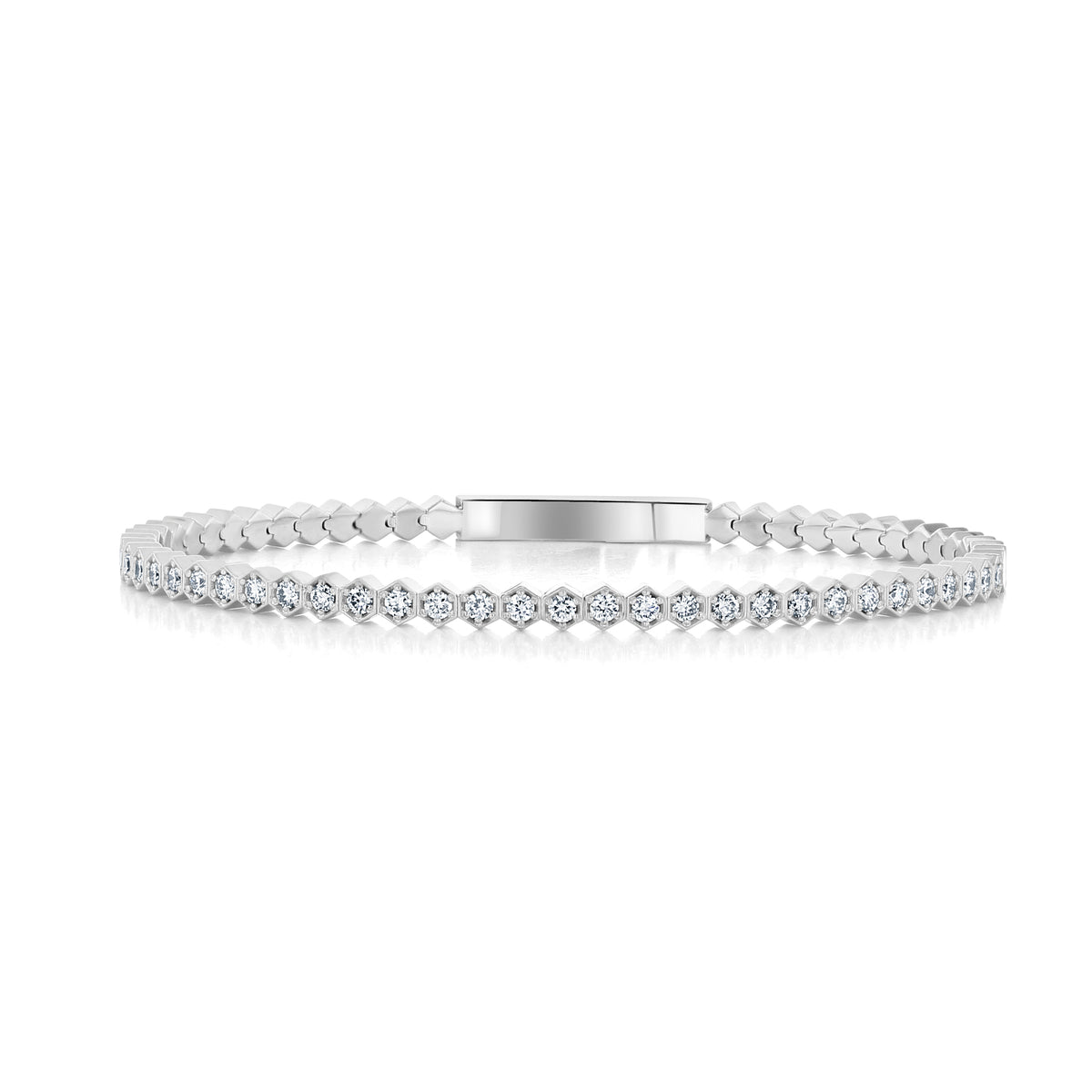 1.53 CTW Lab Diamond Hexagon Flexible Bangle featuring a row of hexagonal settings each containing a round diamond and a smooth rectangular center bar.