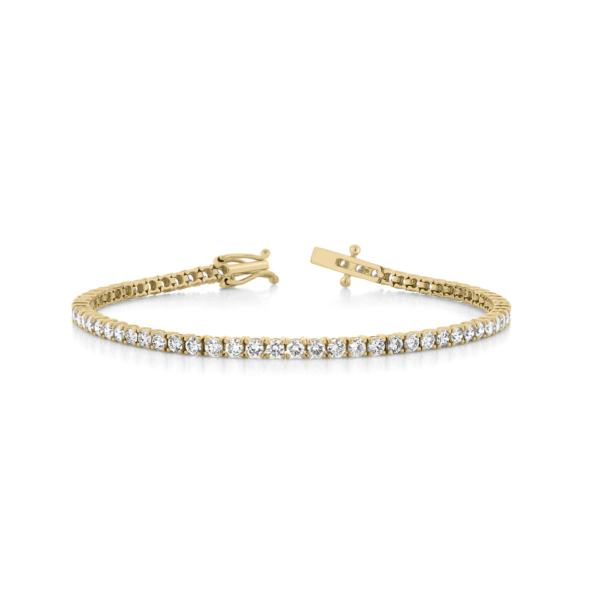 A yellow gold 3.99 ctw Lab Diamond Tennis Bracelet | 7001325 featuring a continuous line of round, prong-set lab-grown diamonds with a box clasp.