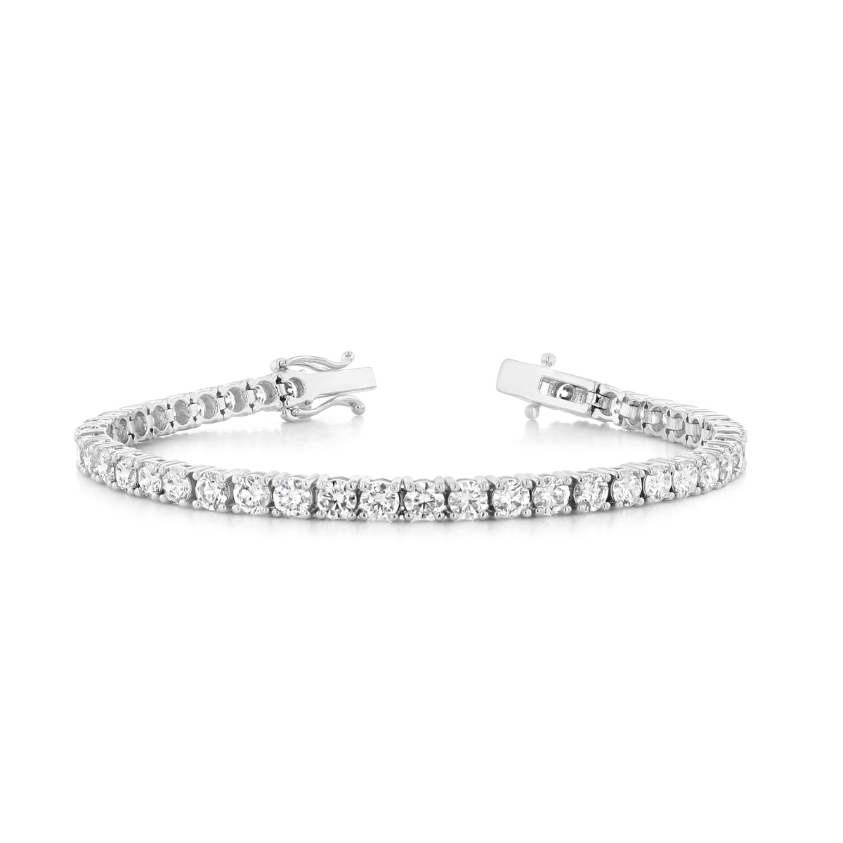 A silver-toned 8.90 ctw Lab Diamond Tennis Bracelet 7001327 featuring a continuous row of round-cut white stones and a box clasp.