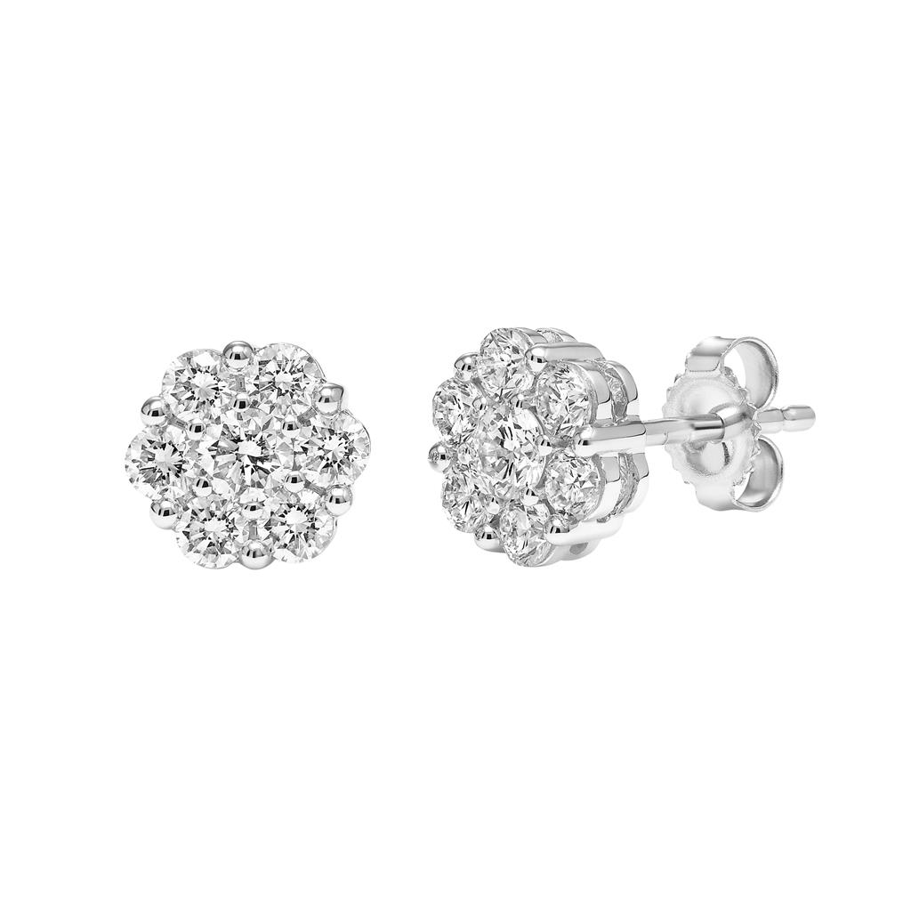 1ct White Gold Cluster Lab Diamond Stud Earrings 75-3150EW, featuring a pair of floral clusters made from a constellation of round lab diamonds.