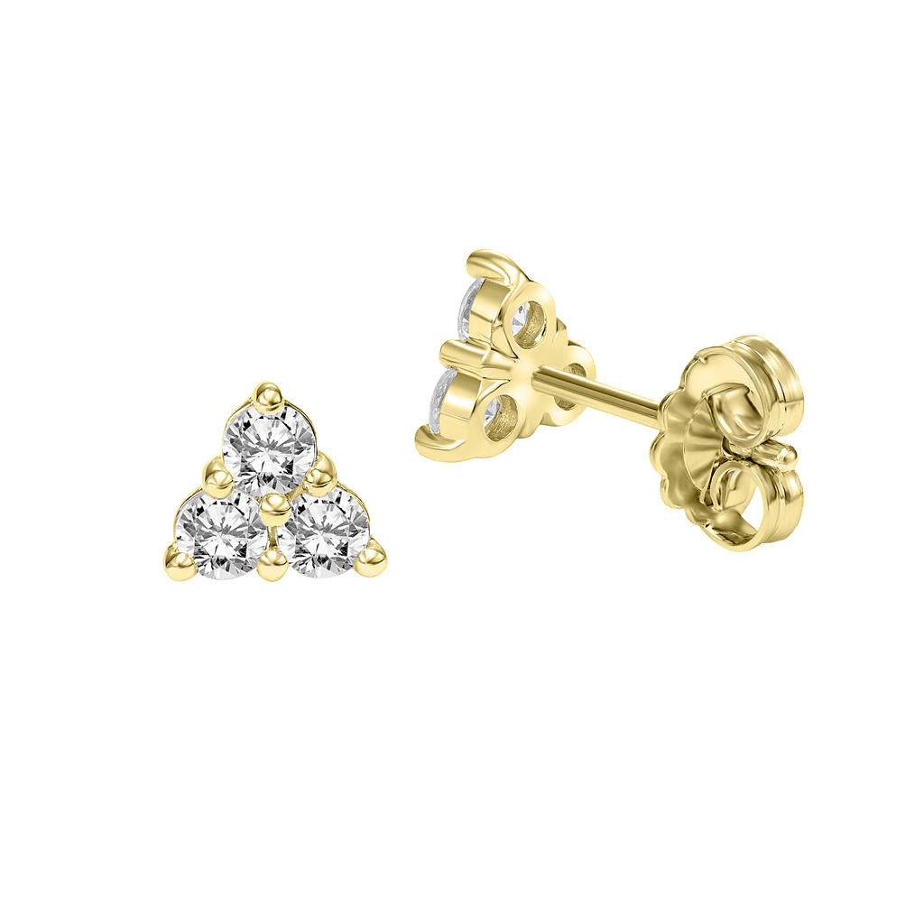 1ct Yellow Gold Trio Cluster Lab Diamond Stud Earrings 75-3199CY featuring three round lab diamonds arranged in a triangle cluster in 14k yellow gold.