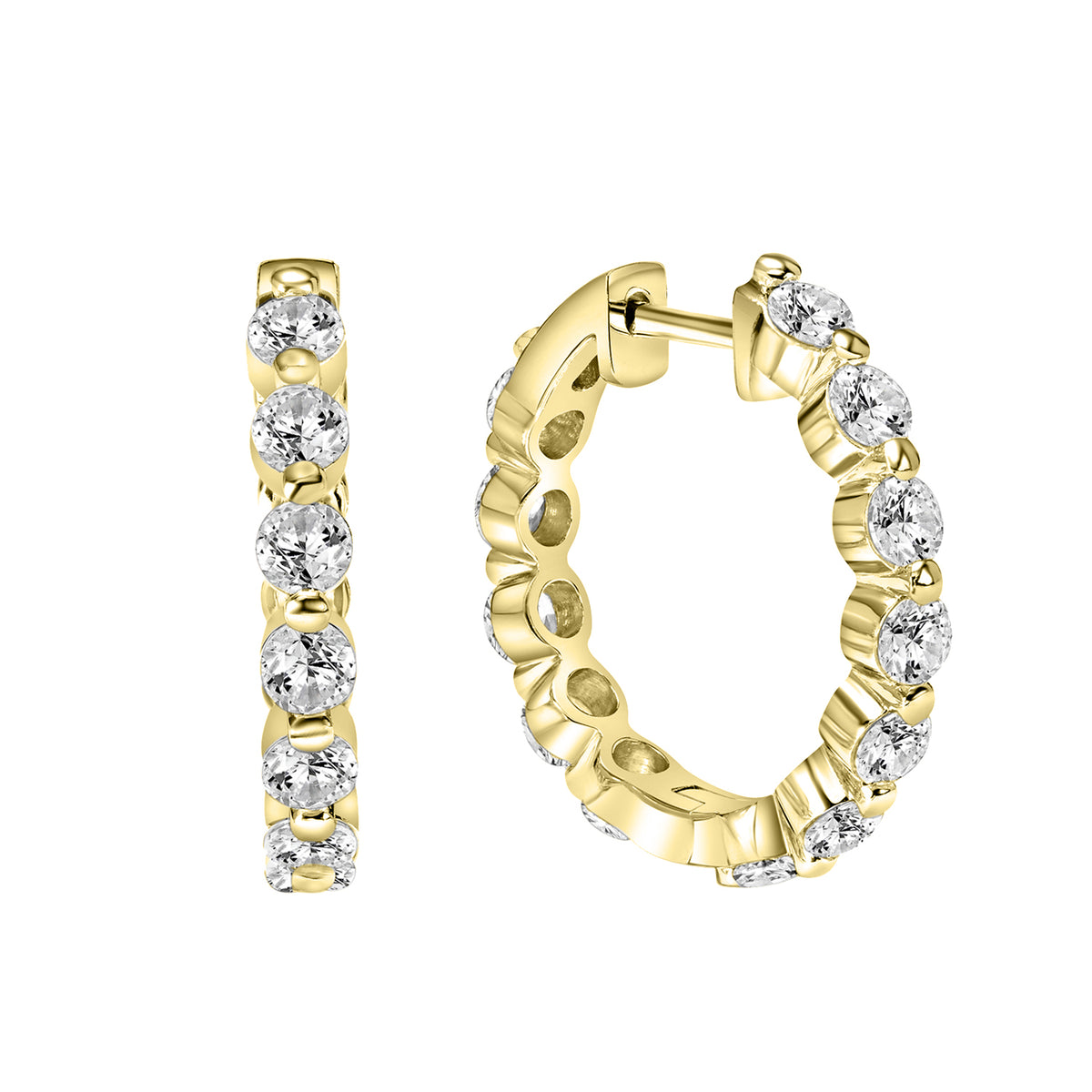 2.28ct Yellow Gold Lab Diamond Hoop Earrings | 75-3853QY featuring a row of round lab-grown diamonds on yellow gold hoops.