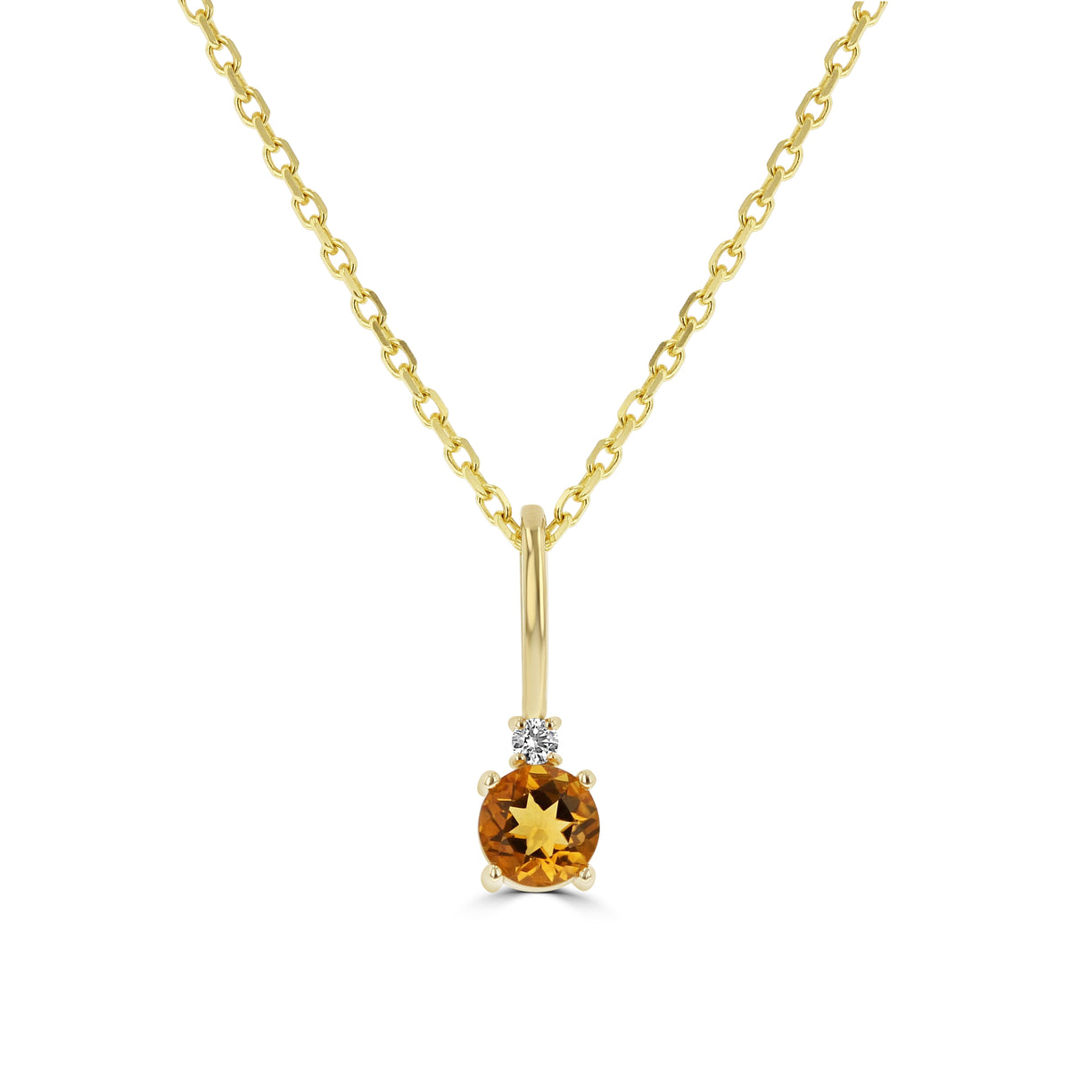 14K Yellow Gold Citrine Solitaire Pendant 88002-11 featuring a round citrine stone accented by a small round diamond on a gold chain, perfect as a November birthday gift.