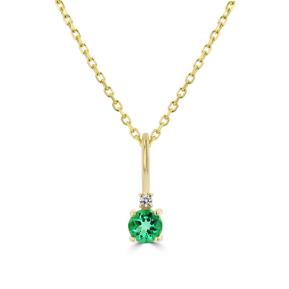 14K Yellow Gold Emerald Solitaire Pendant | 88002-5 featuring a round lab-grown emerald pendant on a yellow gold chain, accented with a small, round diamond at the bail.