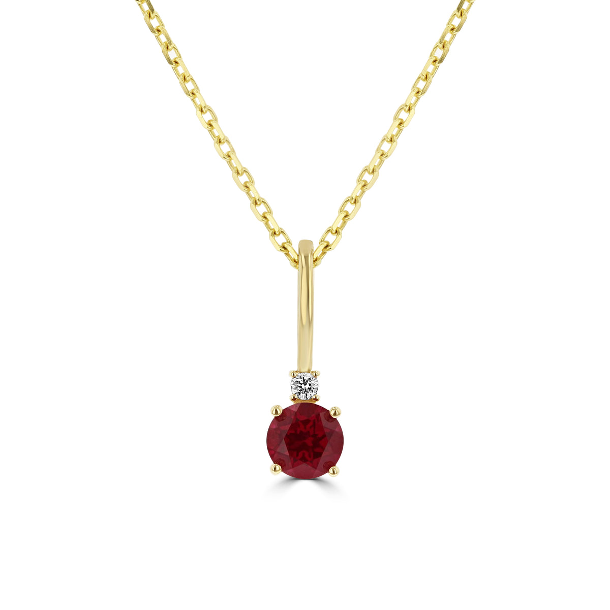 14K Yellow Gold Ruby Solitaire Pendant 88002-7 featuring a round-cut lab-grown ruby topped by a small diamond on a delicate gold chain.