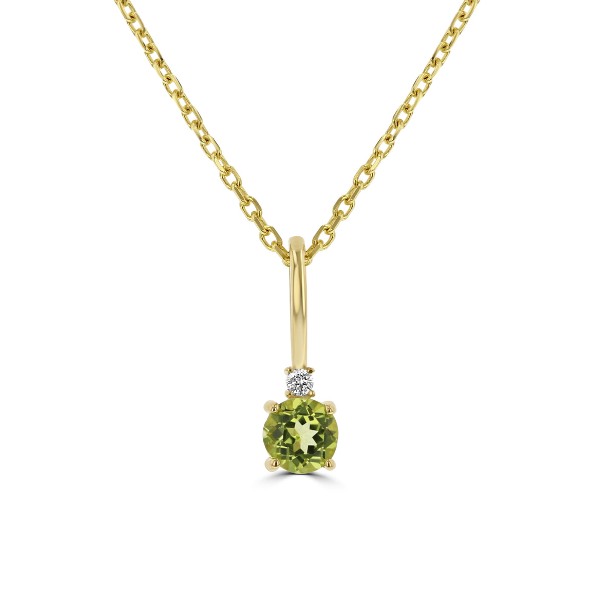 A 14K Yellow Gold Peridot Solitaire Pendant | 88002-8 featuring a round-cut peridot topped with a small, round, clear gemstone, suspended from a matching gold chain.