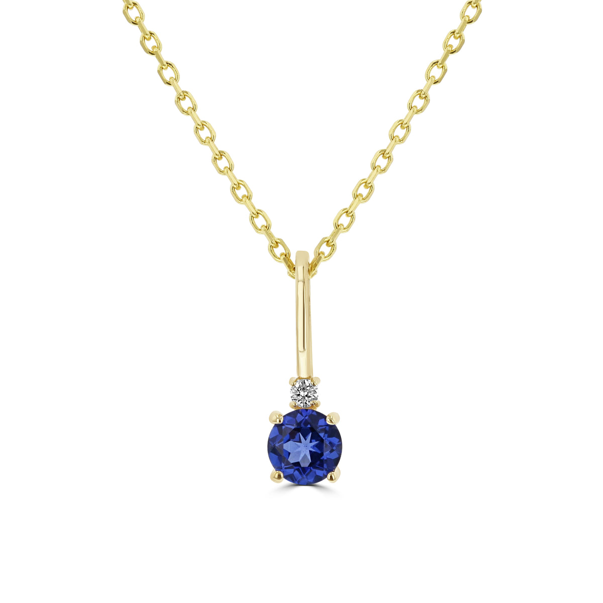 14K Yellow Gold Sapphire Solitaire Pendant 88002-9 featuring a yellow gold sapphire pendant accented by a small diamond, hanging from a gold chain.