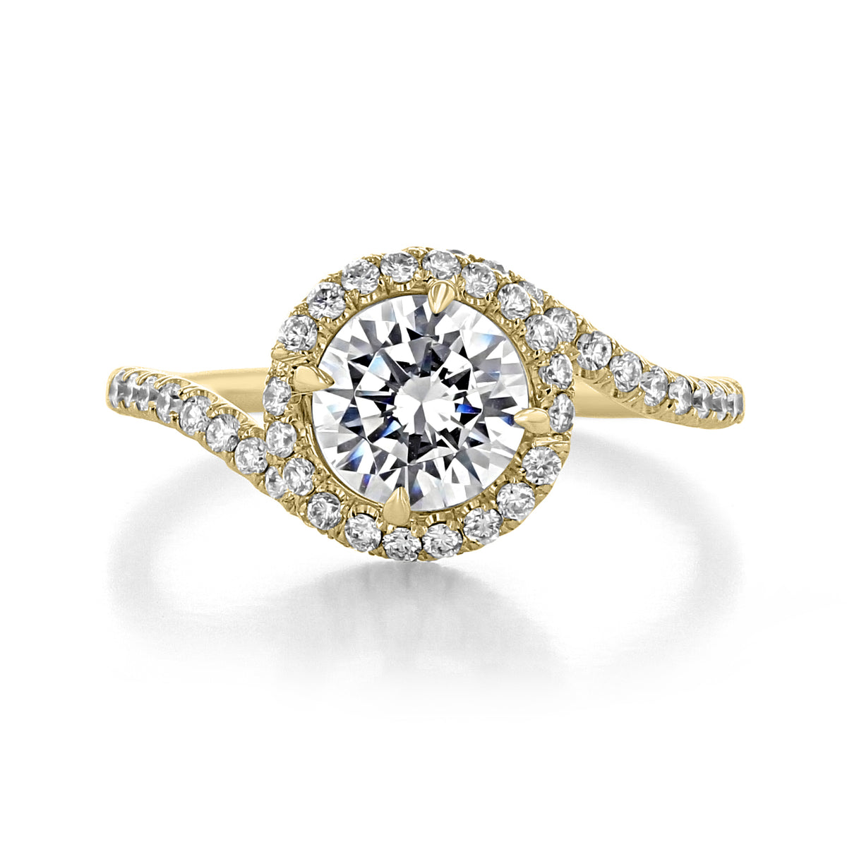 Gold Abbraccio | Halo Engagement Ring - AE100 featuring a round center stone within a diamond halo on a split-shank band.