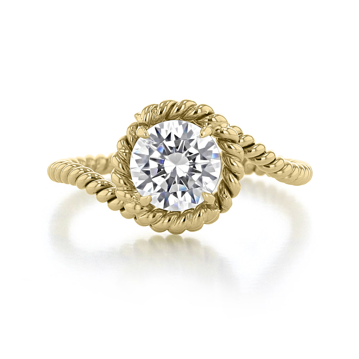 Danhov Abbraccio | Swirl Engagement Ring - AE135 featuring a round brilliant-cut diamond solitaire set on a yellow gold, wrap-around swirl band with a rope-texture finish.