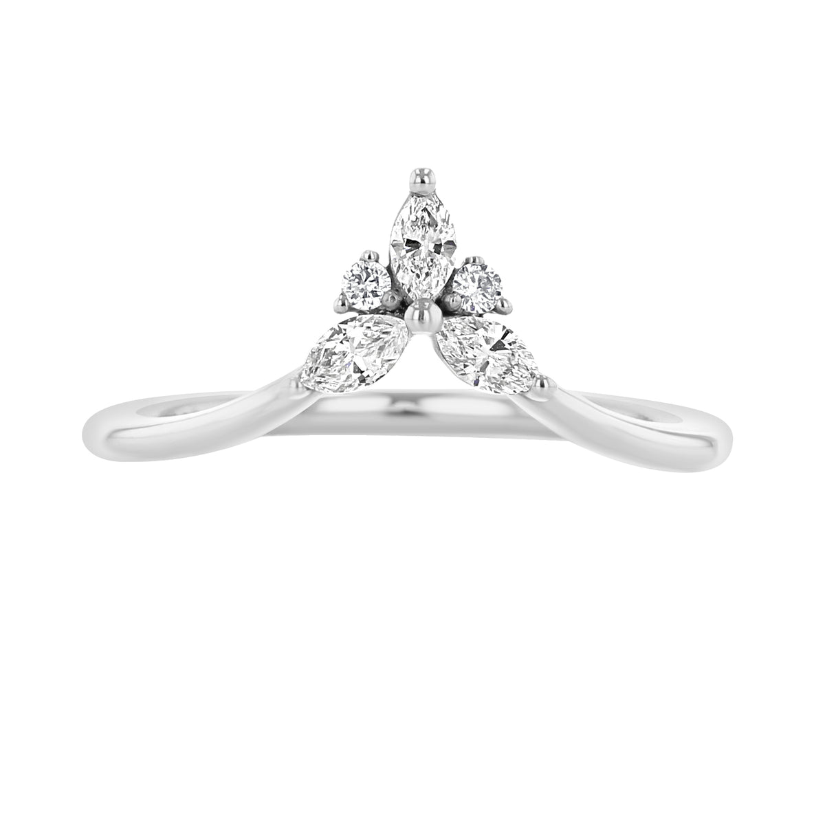 Del Mar | Curved Diamond Wedding Band in 14k white gold featuring a focal cluster of marquise and round diamonds.