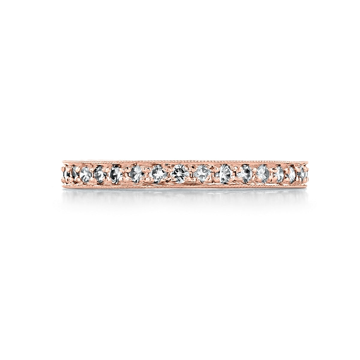 Valencia | Engraved Pavé-Set Diamond Wedding Band in 18k rose gold featuring a row of pavé-set diamonds with vintage-inspired engraved detailing along the edges.