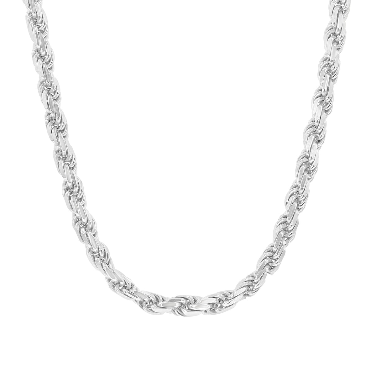 A 20″ Rhodium Plated 4.5MM Rope Chain | CH45RW-20, a rhodium plated silver-tone metal rope chain necklace.