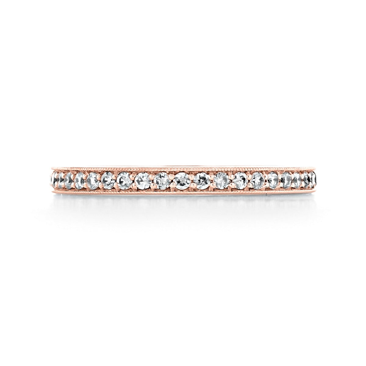 Sierrah 2mm Milgrain Pavé-Set Diamond Wedding Band in 14k rose gold, featuring a continuous row of round diamonds and milgrain detailing along the edges.