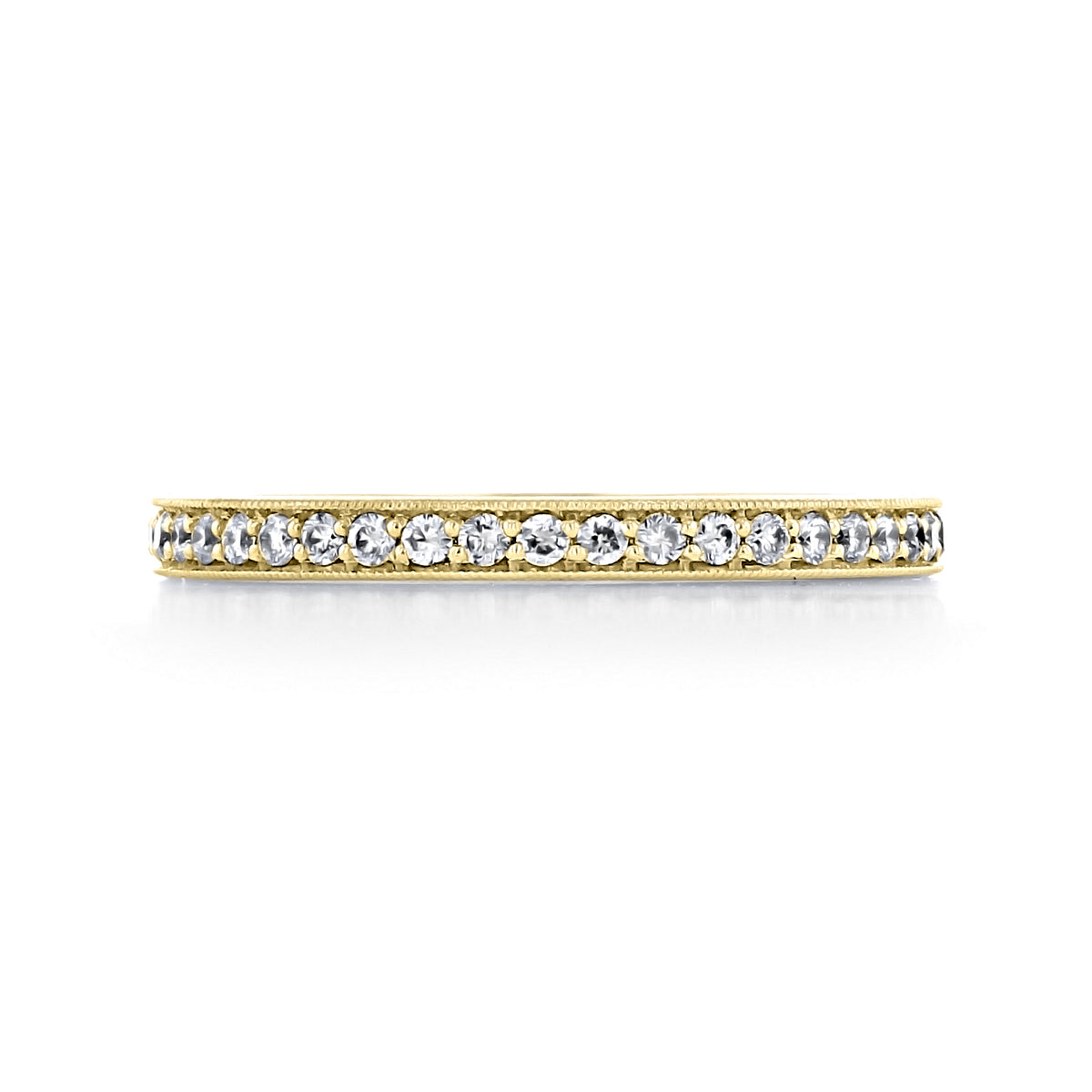 Sierrah 2mm Milgrain Pavé-Set Diamond Wedding Band in 14k yellow gold, featuring a row of pavé-set diamonds framed by milgrain detailing.