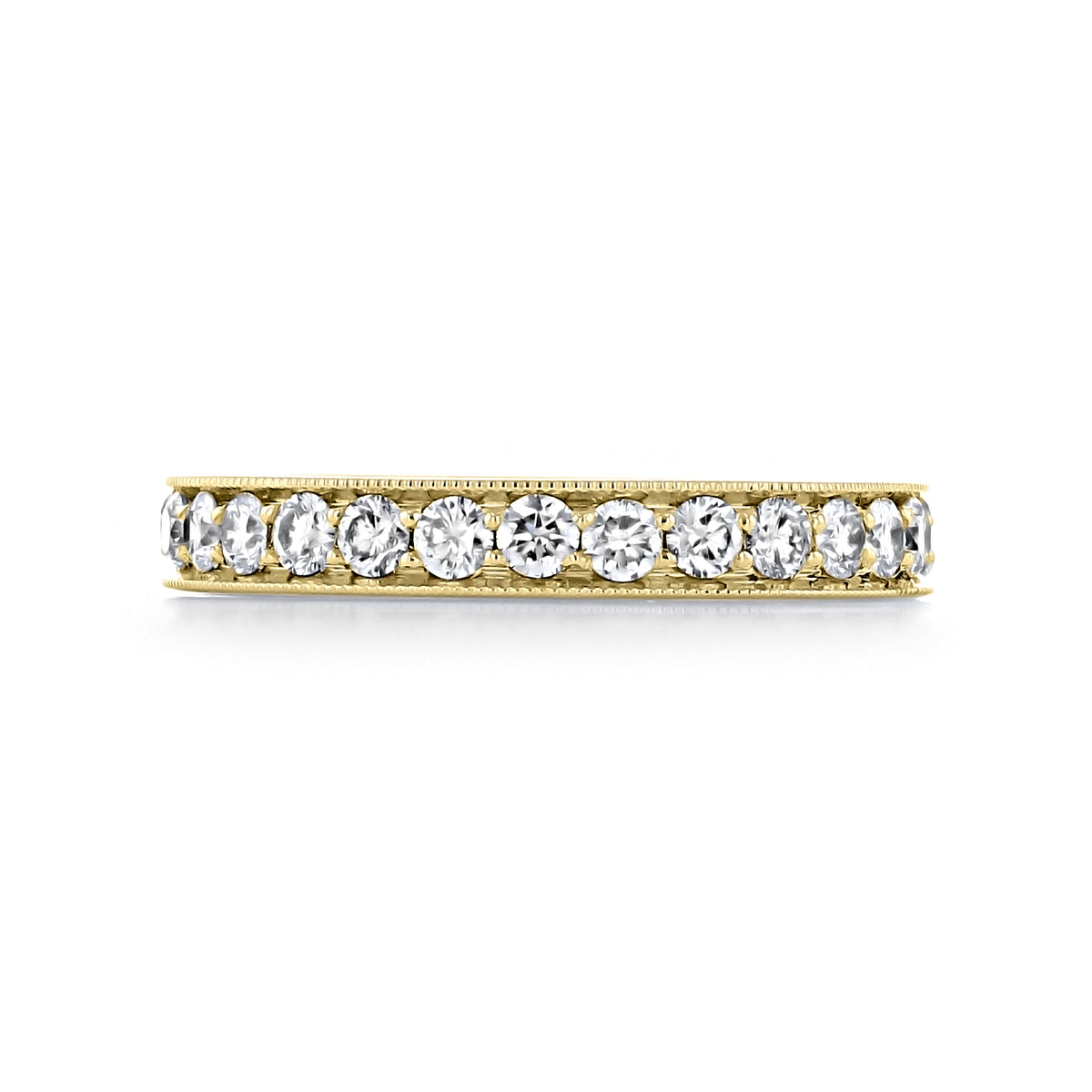 Sierrah 3mm Milgrain Pavé-Set Diamond Wedding Band in 14k yellow gold featuring a row of pavé-set diamonds with milgrain detailing along the edges.