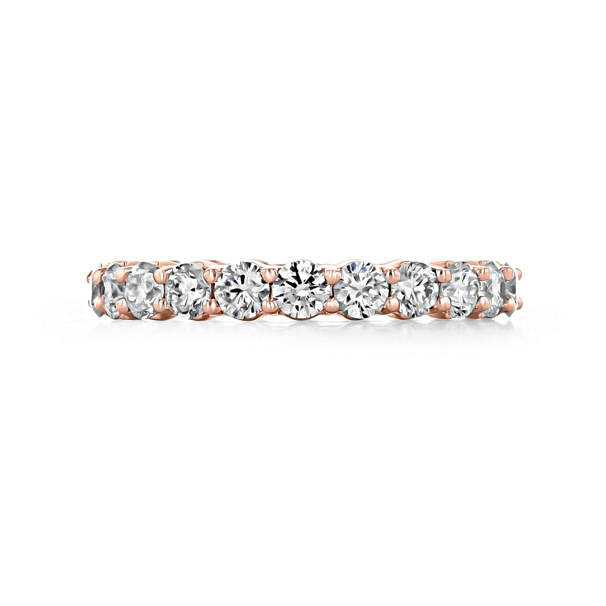 Trinity | 0.95ctw Shared Prong Round Diamond Eternity Band featuring a row of round-cut diamonds set in rose gold shared prongs.