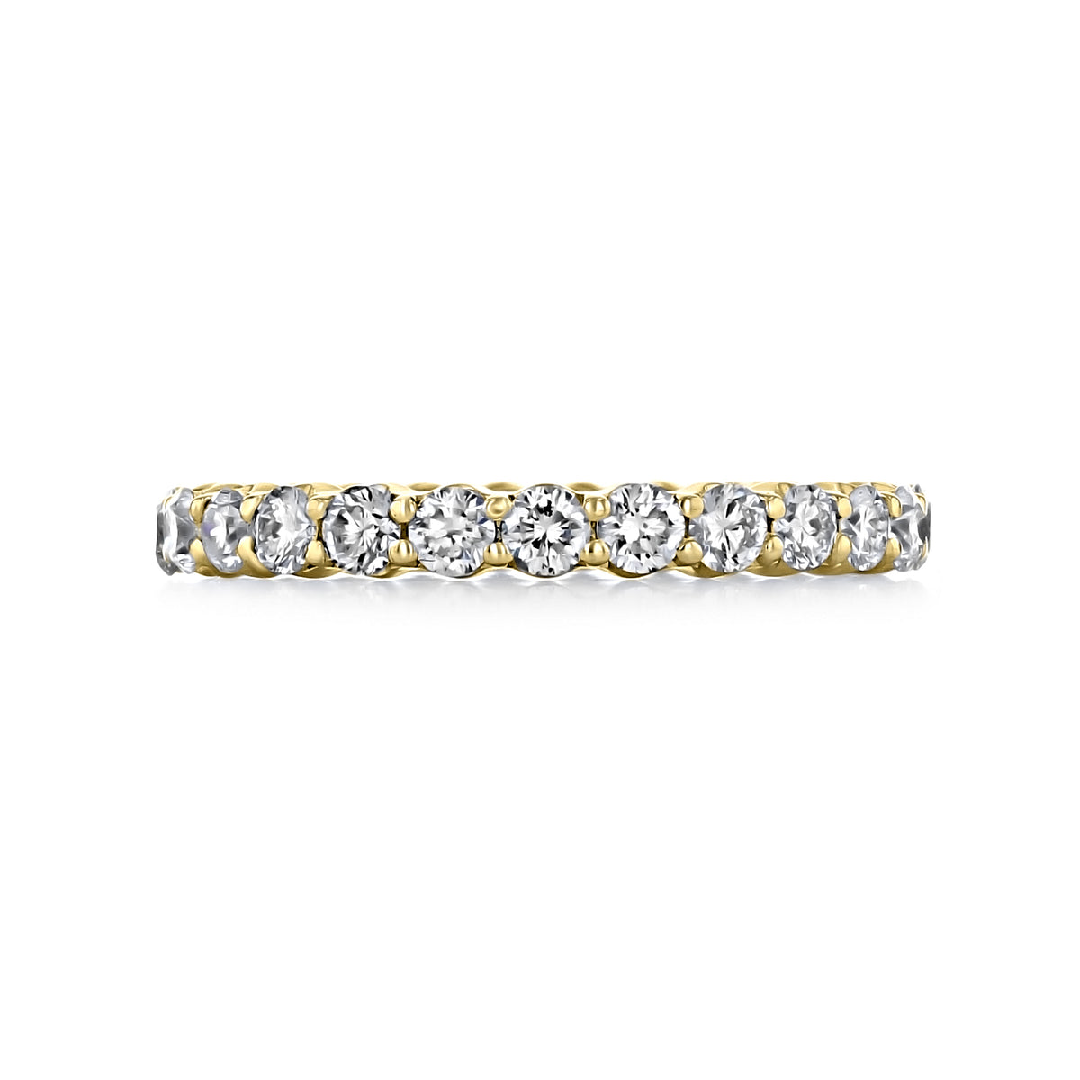 Trinity | 1.40ctw Shared Prong Round Diamond Eternity Band featuring a gold continuous row of round-cut diamonds held by shared prongs.